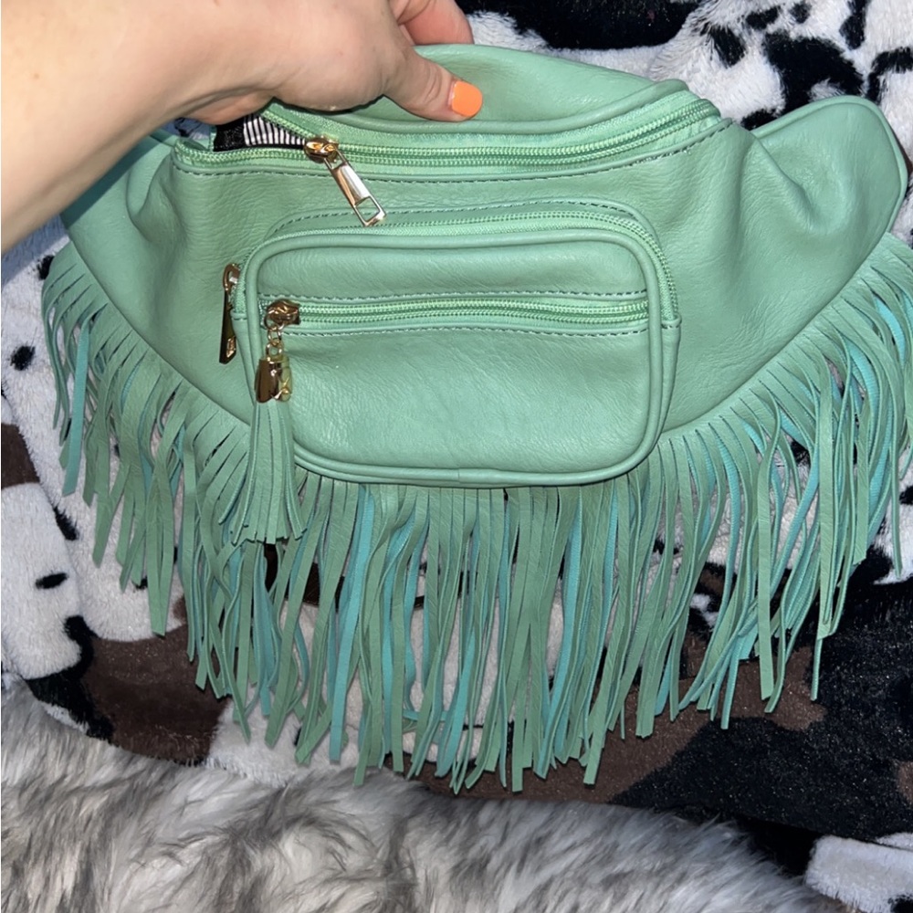 Teal fringe sash purse